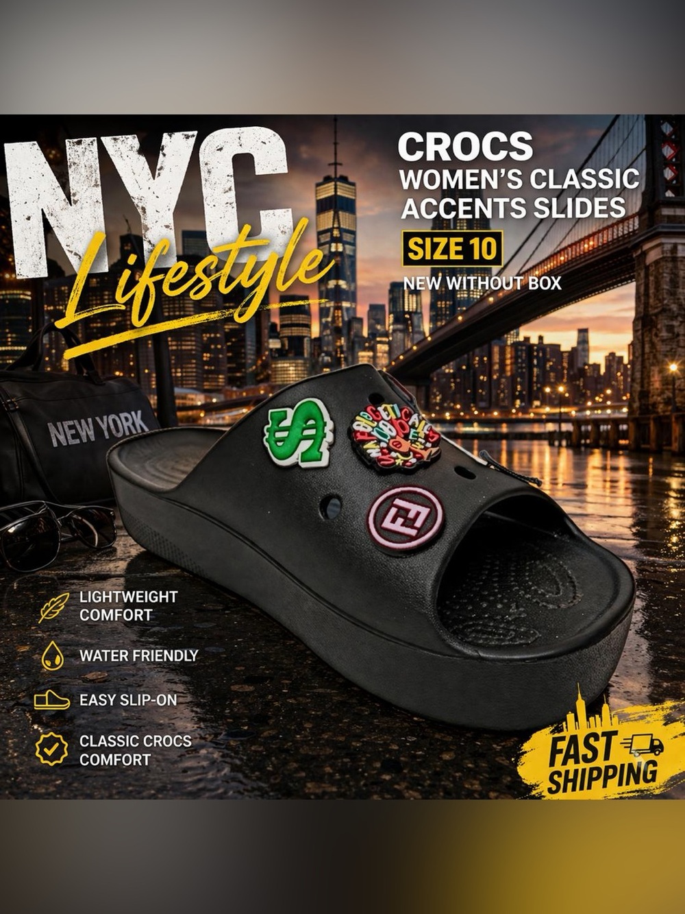 Crocs Women’s Classic Accents Slides Black Size 10 NEW NWOB